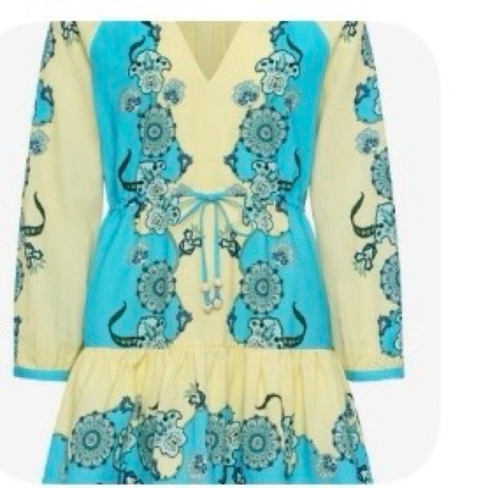 V-Neck Long Sleeve Floral Tie-Waist Dress in Yellow and Turquoise